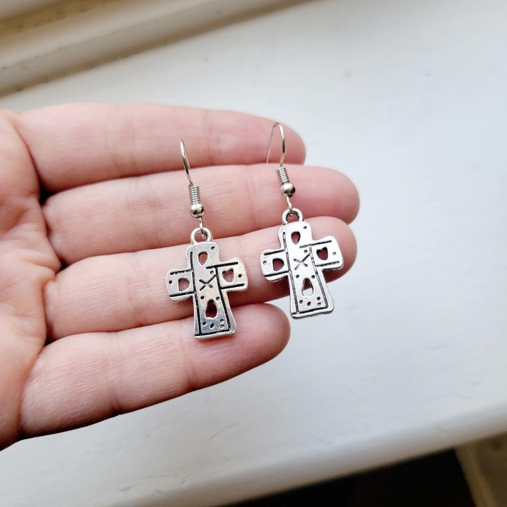 Pair of Silver Tic Tac Toe Cross Drop Hook Earrings